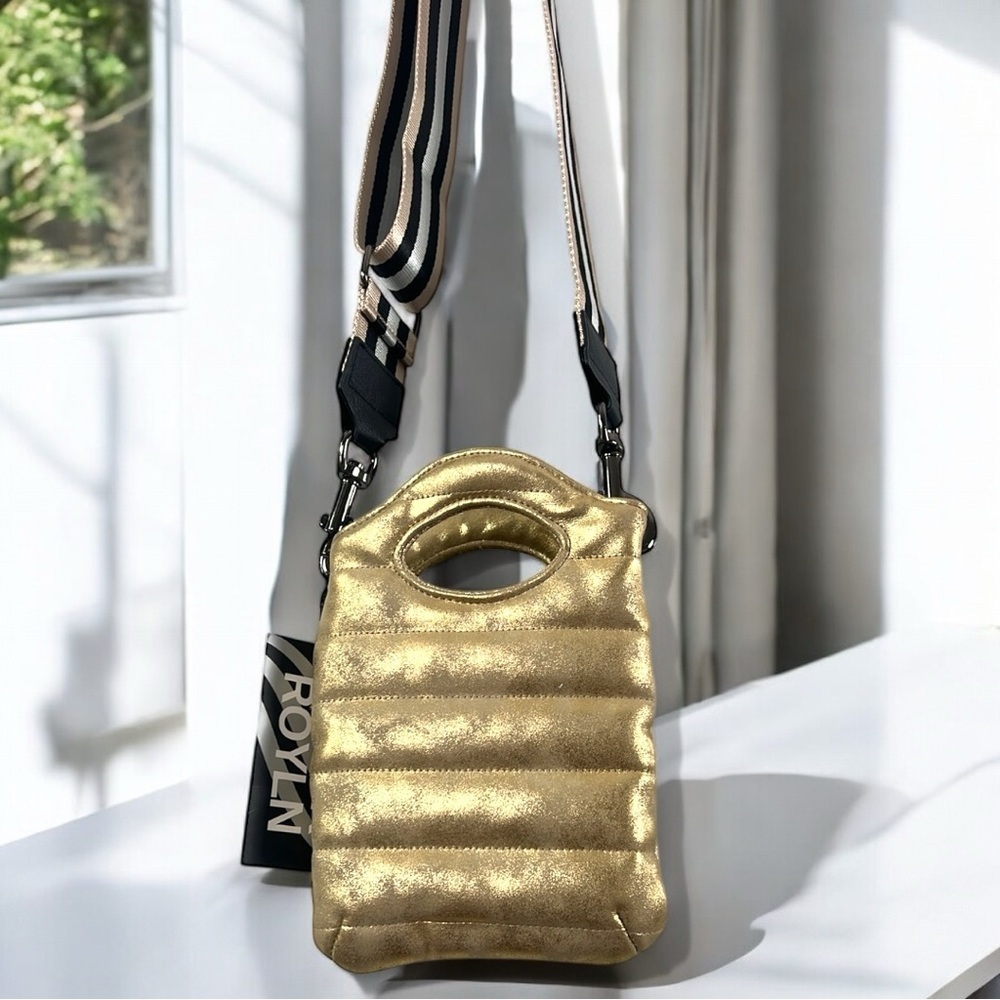 THINK ROYLN Metallic Gold Quilted Puffer Crossbody Bag with Striped Strap New